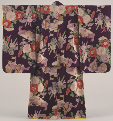 Furisode (Long-Sleeved Kimono) with Mandarin Ducks, Chrysanthemums, and Narcissus on Dark Purple Ground Image