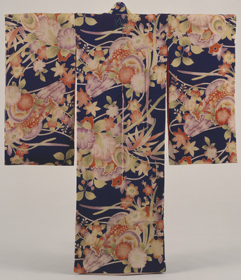 Furisode (Long-Sleeved Kimono) with Waving Mallets and Flowering Plants on Dark Blue Ground Image