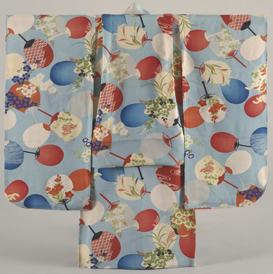 Furisode (Long-Sleeved Kimono) with Round Fans and Autumn Grasses on Light Blue Ground Image