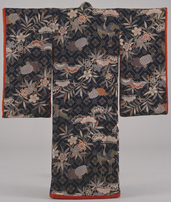 Furisode (Long-Sleeved Kimono) with Pines, Bamboo, Plums, Cranes, and Turtles on Dark Navy Ground Image