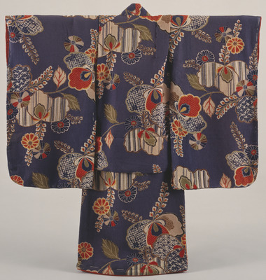 Furisode (Long-Sleeved Kimono) with Paulownias on Dark Blue Ground Image