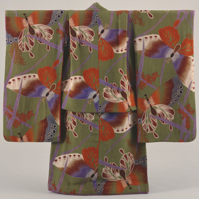 Furisode (Long-Sleeved Kimono) with Butterflies on Moss Green Ground Image