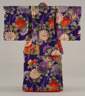 Furisode (Long-Sleeved Kimono) with Birds and Chrysanthemums on Purple Ground Image