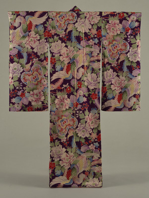 Furisode (Long-Sleeved Kimono) with Phoenixes, Chinese Fans and Flowering Plants on Dark Purple Ground Image