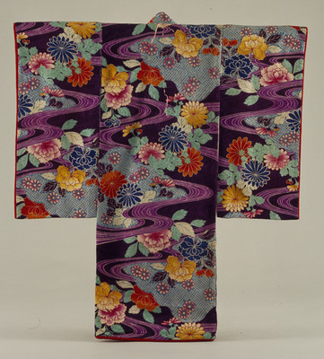 Furisode (Long-Sleeved Kimono) with Flowering Plants and Flowing Water on Dark Purple Ground Image