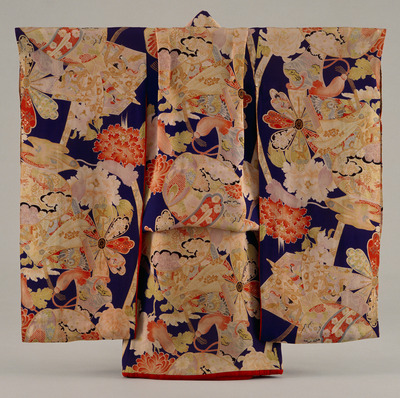 Furisode (Long-Sleeved Kimono) with Small Mallets, Butterflies, Flowers, and Flowering Plants on Dark Blue Ground Image