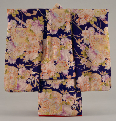 Furisode (Long-Sleeved Kimono) with Cypress Fans, Shell Matching Game Containers, and Flowering Plants on Dark Blue Ground Image