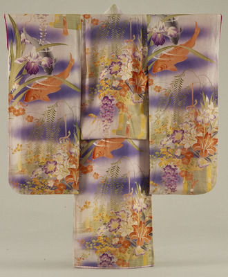 Furisode (Long-Sleeved Kimono) with Carps and Flowering Plants on Parti-colored Ground Image