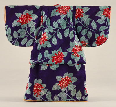 Kimono with Vermilion Fruits and Plants on Dark Purple Ground Image