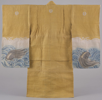 Furisode (Long-Sleeved Kimono) with Mino Turtles and Waves on Yellow Ground Image