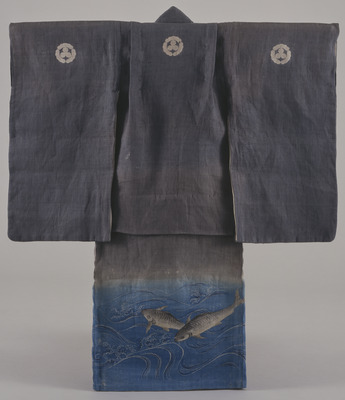 Furisode (Long-Sleeved Kimono) with Carps in Flowing Water on Grey Ground Image