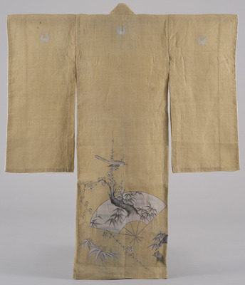 Furisode (Long-Sleeved Kimono) with Bush Warbler, Bamboo, Plums Tree, and Fan on Yellow Ground Image