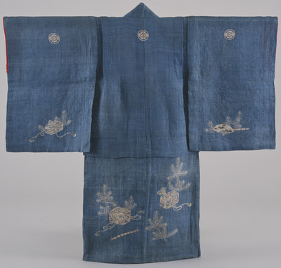 Furisode (Long-Sleeved Kimono) with Mask Boxes and Young Pines on Indigo Blue Ground Image