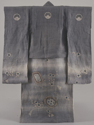 Furisode (Long-Sleeved Kimono) with Plum Blossoms and Ornaments on Grey Ground Image