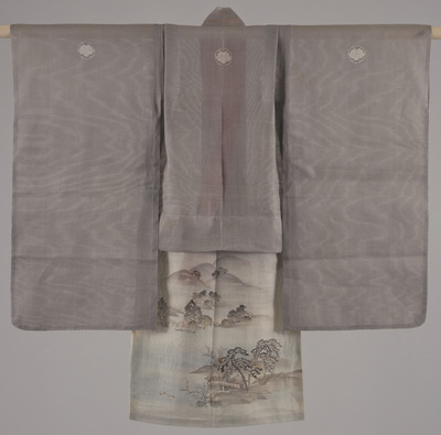 Furisode (Long-Sleeved Kimono) with Seaside Scene on Grey Ground Image