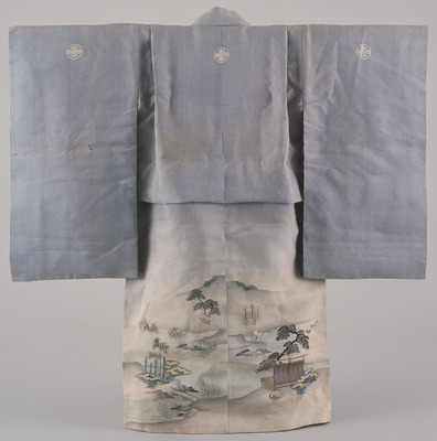 Furisode (Long-Sleeved Kimono) with Garden Pond Scene on Parti-colored Ground Image