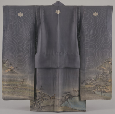 Furisode (Long-Sleeved Kimono) with Scenic Views of Nara on Grey Ground Image