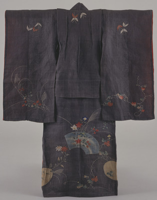 Furisode (Long-Sleeved Kimono) with Autumn Grasses and Fans on Dark Grey Ground Image