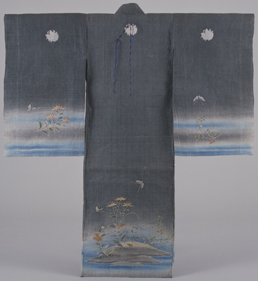 Furisode (Long-Sleeved Kimono) with Autumn Grasses and Butterflies by a River on Grey Ground Image