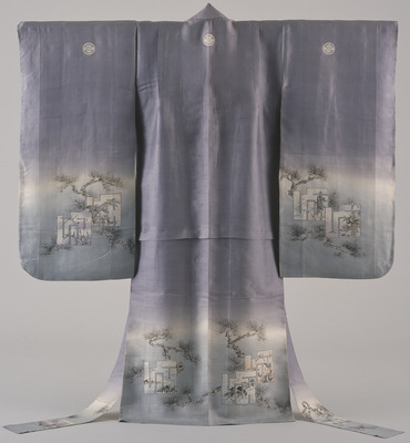 Furisode (Long-Sleeved Kimono) with Genji Incense Motiff and Pines on Parti-colored Ground Image