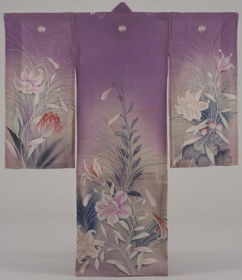 Furisode (Long-Sleeved Kimono) with Lilies on Purple Ground Image