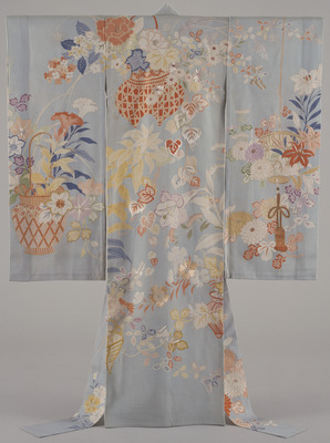 Furisode (Long-Sleeved Kimono) with Flower Baskets on Light Blue Ground Image