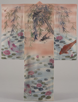 Furisode (Long-Sleeved Kimono) with Swallows and Willow and Carps in Lotus Pond on Parti-colored Gro Image