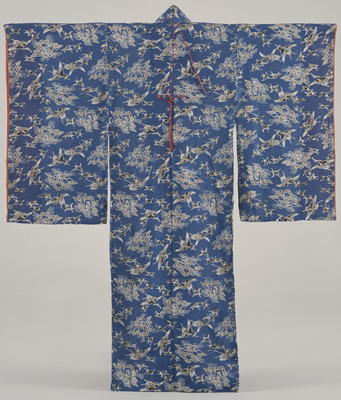 Furisode (Long-Sleeved Kimono) with Flying Cranes, Butterflies, and Flowers in Dark Blue Ground Image