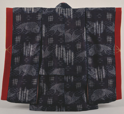 Furisode (Long-Sleeved Kimono) with Well Cribs and Carps on Indigo Ground Image