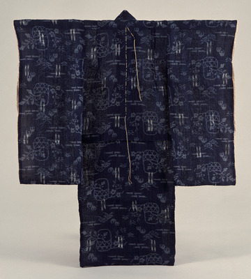 Furisode (Long-Sleeved Kimono) with Hand Baskets and Bamboo on Indigo Ground Image