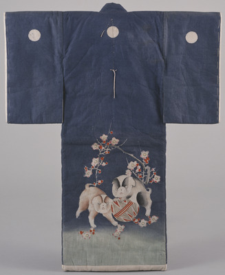 Furisode (Long-Sleeved Kimono) with Puppies and Plum Blossoms on Blue Ground Image