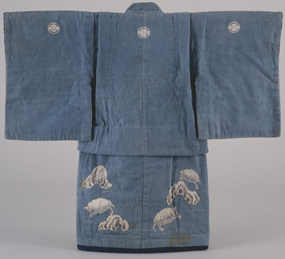 Furisode (Long-Sleeved Kimono) with Turtles and Rocks on Blue Ground Image