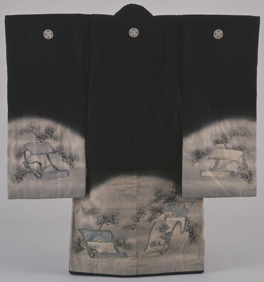 Furisode (Long-Sleeved Kimono) with Hanging Scrolls and Pines on Parti-colored Ground Image