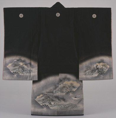 Furisode (Long-Sleeved Kimono) with Folding Fans on Parti-colored Ground Image