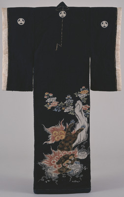 Iwaigi (Celebratory Robe) with Lion and Peonies (Scene from the Noh Play Shakkyo) on Indigo Ground Image