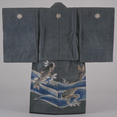 Furisode (Long-Sleeved Kimono) with Carps in Stream on Grey Ground Image