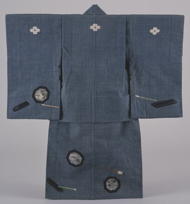 Furisode (Long-Sleeved Kimono) with Brushes and Ink Stones on Indigo Ground Image