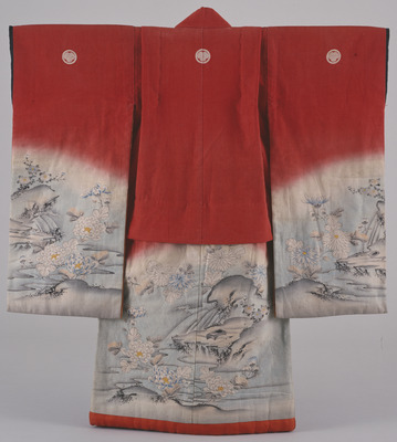 Furisode (Long-Sleeved Kimono) with Chrysanthemums on Parti-colored Ground Image