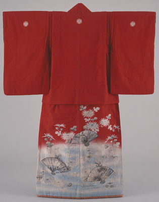 Furisode (Long-Sleeved Kimono) with Chrysanthemums and Folding Fans on Parti-colored Ground Image