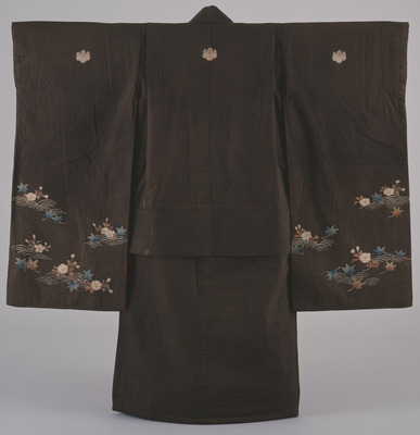 Furisode (Long-Sleeved Kimono) with Cherry Blossoms, Maples, and Waves on Olive Green Ground Image