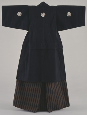 Haori (Half-Coat) on Black Ground and Striped Hakama (Trousers) Image