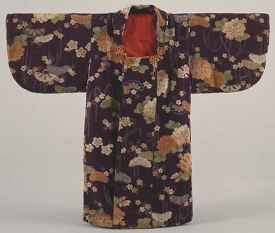 Hifu (Haori Coat) with Pines and Flowers of the Four Season Design on Deep Purple Ground Image