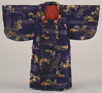 Hifu (Haori Coat) with Pines, Cherry Blossoms, and Wisteria in Mist on Dark Blue Ground Image