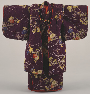 Kimono and Sleeveless Coat with Butterflies and Autumn Grasses on Purple Ground Image