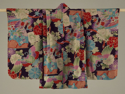 Haori (Half-Coat) with Flowers and Gagaku (Imperial Court Music) Design on Deep Purple Ground Image