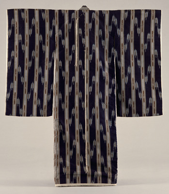 Furisode (Long-Sleeved Kimono) with Changing Stripes on Navy Kasuri (Ikat) Ground Image