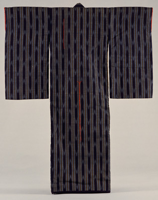 Furisode (Long-Sleeved Kimono) with Changing Stripes on Navy Kasuri (Ikat) Ground Image