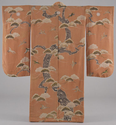 Furisode (Long-Sleeved Kimono) with Pine Tree and Flying Cranes on Salmon Pink Ground Image