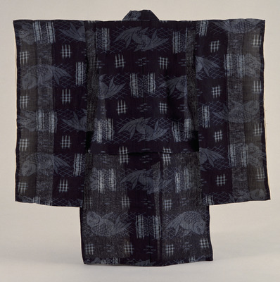 Furisode (Long-Sleeved Kimono) with Well Cribs and Carps on Indigo Kasuri (Ikat) Ground Image