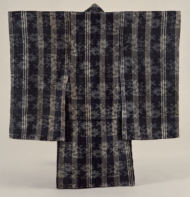 Furisode (Long-Sleeved Kimono) with Chrysanthemums, Maples, and Stripes on Indigo Kasuri (Ika Ground Image